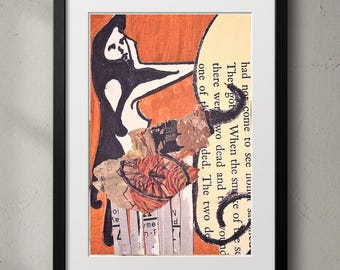 May include: A framed mixed media collage art piece featuring a black ink silhouette of a figure against an orange background, layered with torn book pages containing printed text and a small circular illustration of a red flower-like pattern.