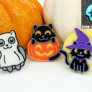 Halloween Cat Pins *GLOW in the DARK* - 3D printed - Jack-o-lantern, Pumpkin, Ghost, Witch Hat Costume, Moon, Cute