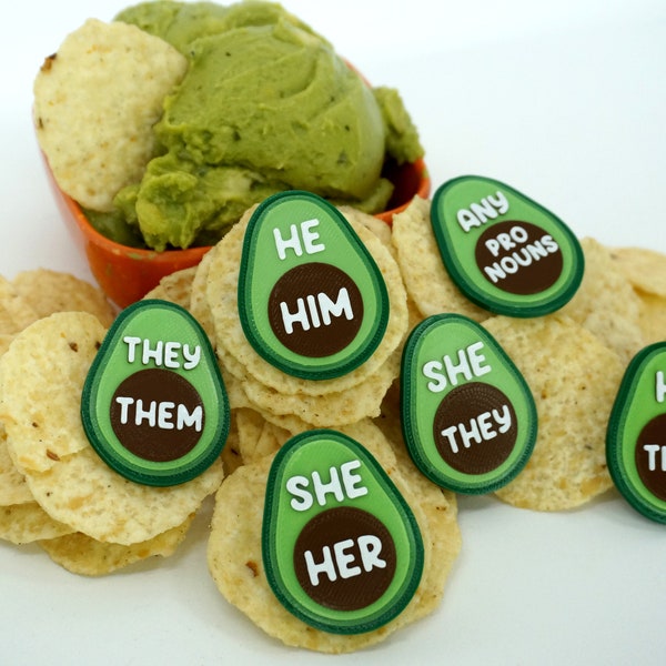 Avocado Pronoun Pins - She/Her, He/Him, They/Them, Any - 3D printed - Colorful, Summer, Garden, Green, Guacamole, Food, Cute