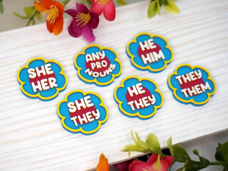 Flower Pronoun Pins She/Her, He/Him, They/Them, Any 3D printed Colorful, Bright, Spring, Summer, Daisy, Hippie, Garden image 3