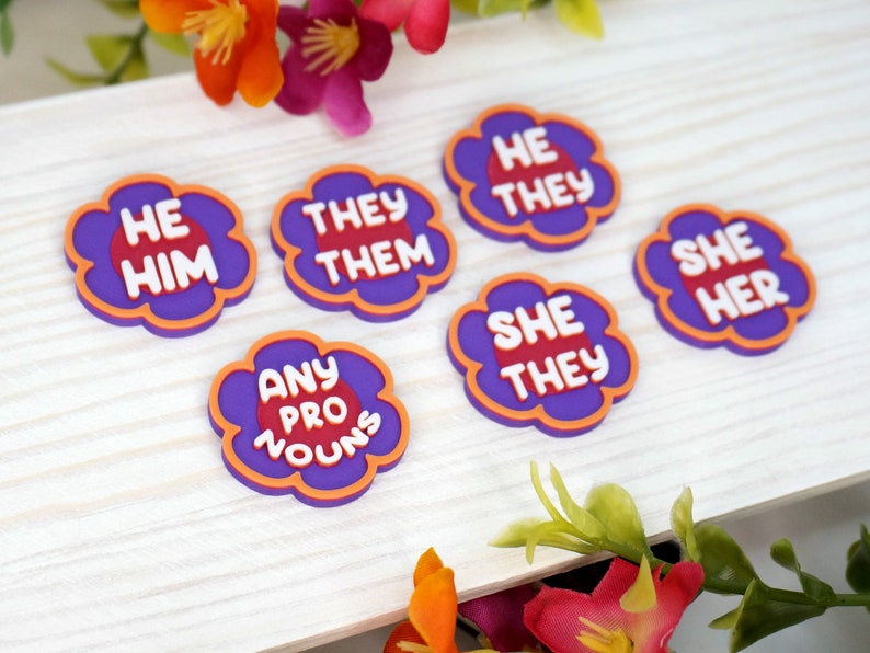 Flower Pronoun Pins She/Her, He/Him, They/Them, Any 3D printed Colorful, Bright, Spring, Summer, Daisy, Hippie, Garden image 4