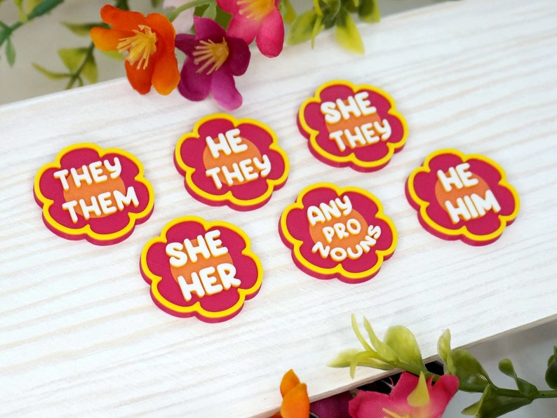 Flower Pronoun Pins She/Her, He/Him, They/Them, Any 3D printed Colorful, Bright, Spring, Summer, Daisy, Hippie, Garden image 5