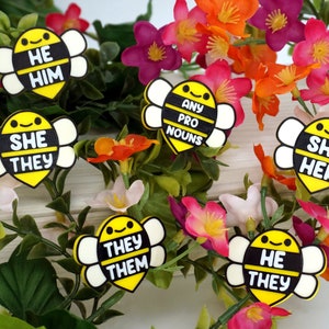 May include: Six yellow and black bee-shaped pins with different pronoun combinations. The pins say "He Him", "She They", "Any Pro Nouns", "She Her", "They Them", and "He They".