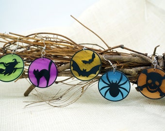 Halloween Earrings - 3d printed - Witch, Skull, Black Cat, Spider, Bat, Skeleton, Spooky, Cut Out, Silhouette