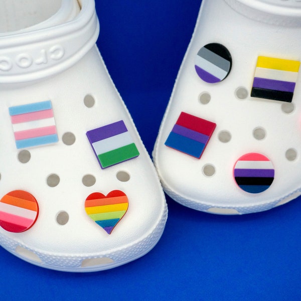 Pride Foam Shoe Charms - 3d Printed - LGBTQ, Gay, Lesbian, Bi, Pan, Trans, Non-binary, Ace, Rainbow, Love is Love, Heart Circle Square flag
