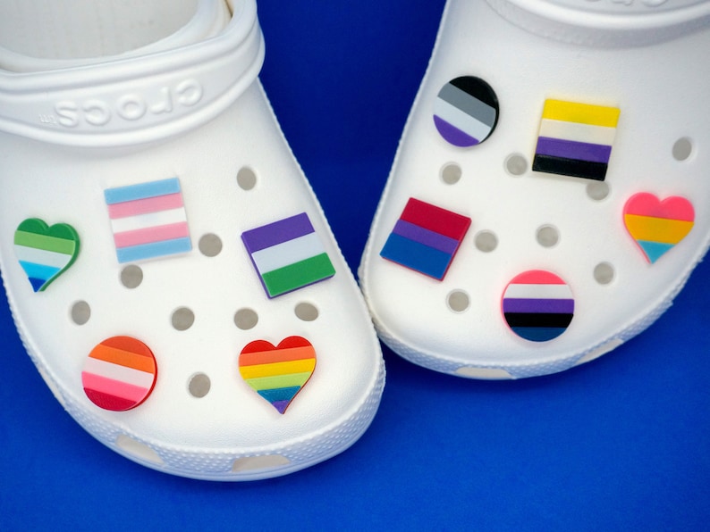 Pride Foam Shoe Charms - 3d Printed - LGBTQ, Gay, Lesbian, Bi, Pan, Trans, Non-binary, Ace, Rainbow, Love is Love, Heart Circle Square flag 