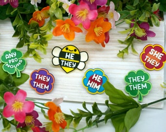 Spring Pronoun Pin 3 pack - She/Her, He/Him, They/Them, Any- 3D printed, Colorful, Bright, Spring, Summer, Daisy, Garden, Bee, 4 Leaf Clover