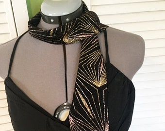 Sixties mod scarf long thin tie black scarf with gold stripes retro thin scarf