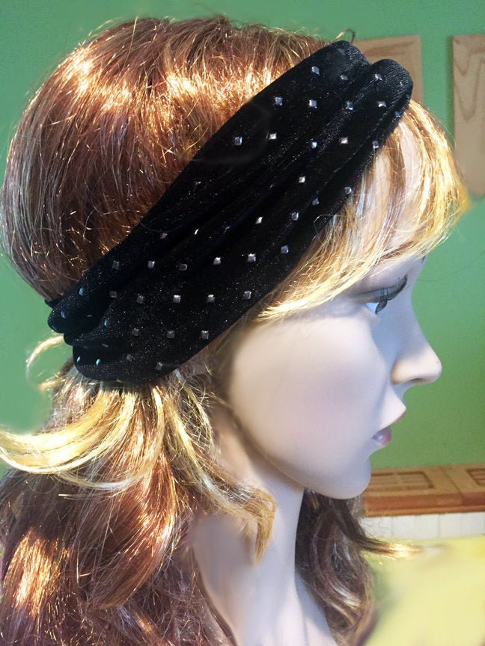 Studded Headband Velvet Headband Retro Headband Black Headband Etsy