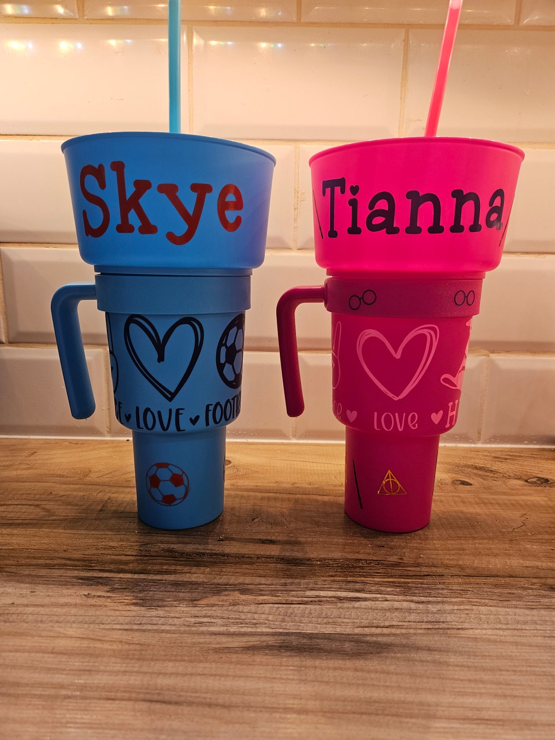 Personalised Stadium Cups Snackpot, Pink or Blue Any Theme You'd Like