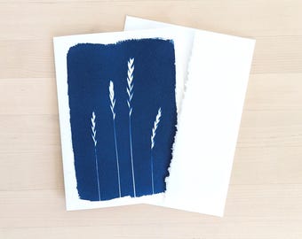 Handmade Botanical Cyanotype Card, Wild Grasses Print, Nature Art (5x7 inches)