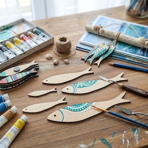 May include: A collection of wooden fish decorations, some painted with teal and white patterns. Paint tubes, a palette, and art supplies are arranged on a wooden table, indicating a craft project. Twine and seashells are also visible, enhancing the nautical theme.