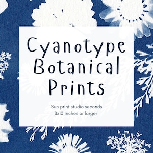 Op de afbeelding: Een diepblauwe cyanotype print met witte silhouetten van diverse botanische elementen zoals bloemen en bladeren. Een centraal wit vierkant bevat de tekst Cyanotype Botanical Prints, Sun print studio seconds, 20x25 cm of groter.