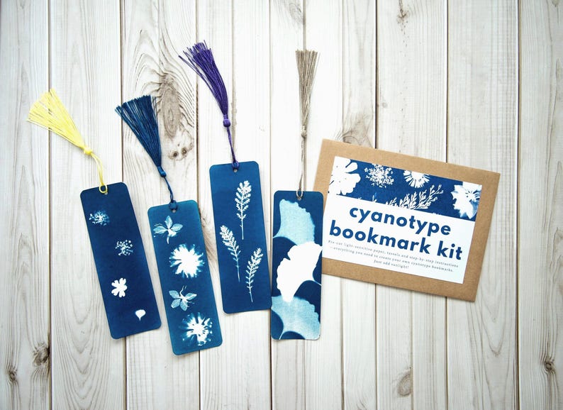 Bookmarks with tassels, from a cyanotype bookmark making kit