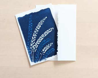 Handmade Botanical Cyanotype Card, 5 x 7 inch Wild Grass Art, Blue Nature Note