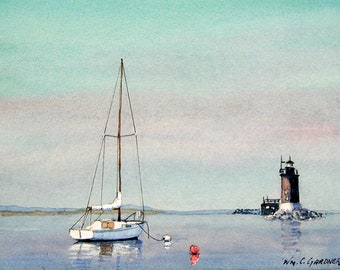 Sailing on Delaware Bay - Watercolor limited edition signed print seascape