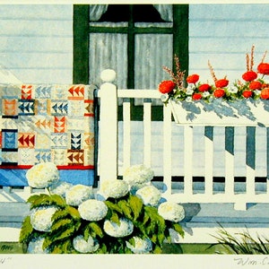 Quilt Art - Signed Watercolor Print, " Back Porch " 8" x 10"  textiles, fabric, sewing, quilting, art, painting