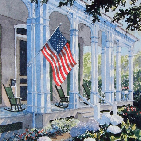 Cape May New Jersey, Watercolor Limited Ed. Art Print Matted to 11" x14",  landscape, American Flag