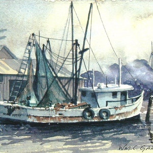 Charleston, South Carolina Shrimp Boat Watercolor Print matted to 8 x 10, art, painting, ships image 1