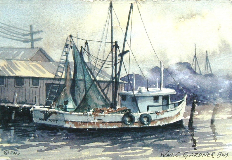 Charleston, South Carolina Shrimp Boat Watercolor Print matted to 8 x 10, art, painting, ships image 1