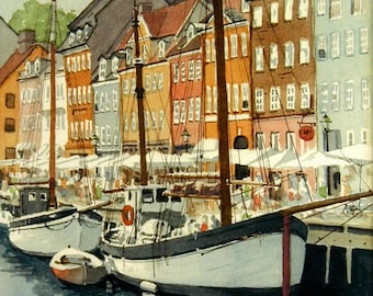 Copenhagen Denmark Nyhavn Canal,  Watercolor print ( 5" x 7 1/2") )  signed