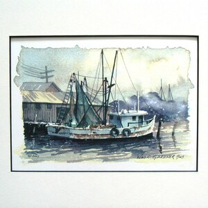 Charleston, South Carolina Shrimp Boat Watercolor Print matted to 8 x 10, art, painting, ships image 2