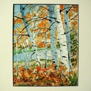 Birch Trees in Fall Limited edition signed watercolor print. landscape woods image 2