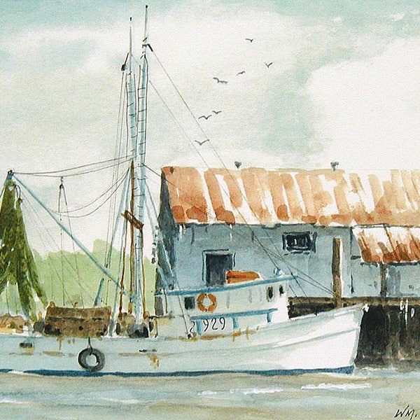 Shrimp Boat  Amelia Island Florida - Watercolor limited edition print 7" x 9"