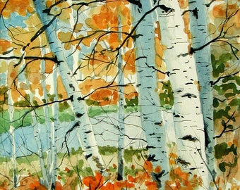Birch Trees in Fall - Limited edition signed watercolor print.  landscape woods