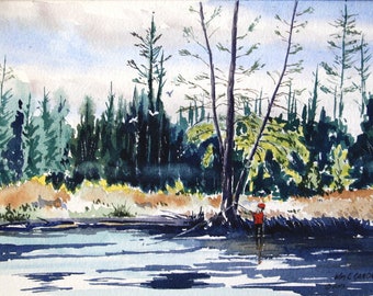 Lake Tahoe Angler Original Watercolor landscape art California river