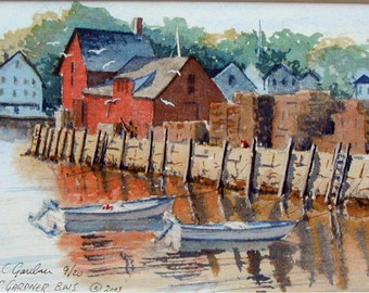 Watercolor Limited Ed. Print - Rockport Mass. harbor, 5" x 7" art,  boats, seascape