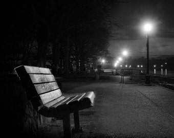 Park bench at night: 8x10 black & white photography.