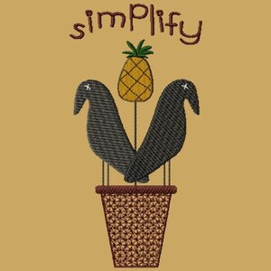 May include: A black and white illustration of two birds perched on a potted pineapple plant. The text "simplify" is above the birds.