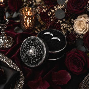 Moody Wedding Ring Box - Black Dark Silver Gothic Romantic Ceremony Ring Holder