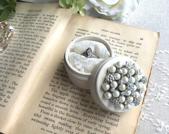 Vintage Theme Ring Box Engagement White Sparkly Proposal Wedding Shabby Chic