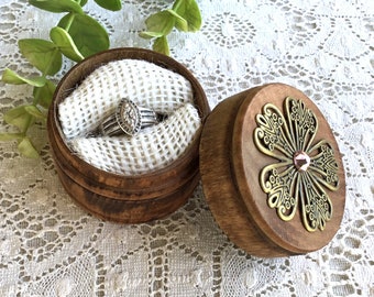 Ring Box Engagement Proposal Wedding Rustic Wood Floral Pink Crystal