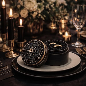 May include: A round black ring box with a decorative lid featuring a gold-toned starburst pattern and a central crystal. The open box reveals a black interior holding two gold bands. The box sits on a stack of plates on a dark table setting.