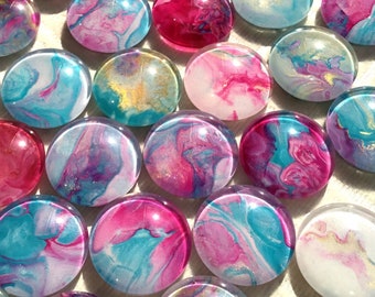 8 Glass Fridge Magnets Fluid Art Kitchen Magnet Set 25mm/1 inch Teal Pink White Gold Gift Idea