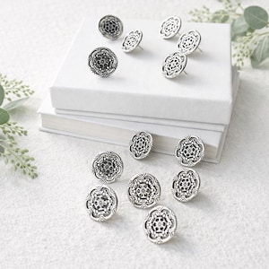 Decorative Cork Board Push Pins - Ornate Round Silver Wedding Board Thumb Tacks of 12