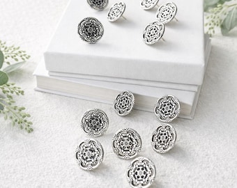 Chinchetas decorativas para tablero de corcho - Chinchetas redondas plateadas ornamentadas para tablero de boda (paquete de 12)