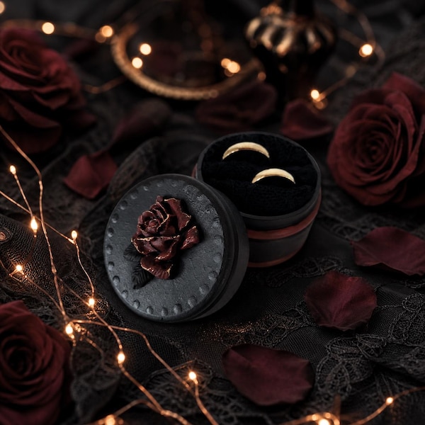 Gothic Wedding Ring Box - Dark Black Romantic Burgundy Rose Ceremony Ring Holder