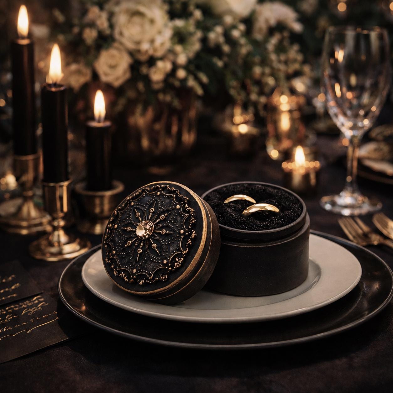 Gothic Wedding Ring Box - Dark Black Romantic Ceremony Ring Bearer - Gold Accents His & Hers