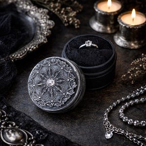 May include: A round black ring box with a silver-toned, ornate, circular lid featuring a central clear stone. Inside the open box sits a silver ring with a single clear stone. The lid is textured with intricate, raised, floral-like patterns.
