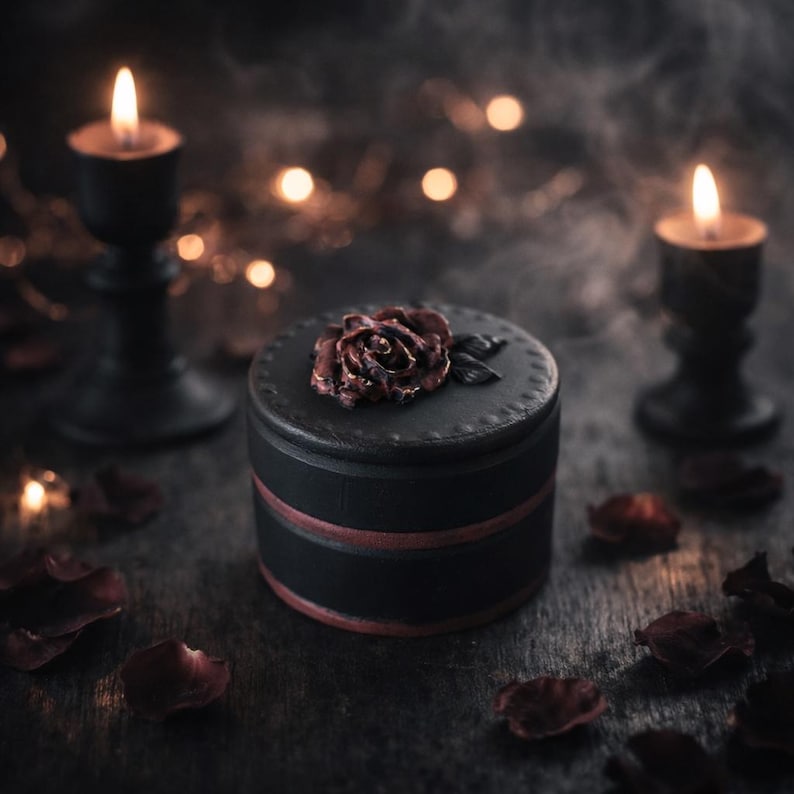 May include: A round black lidded box featuring a dark red rose sculpture on the top surface. The container has a smooth matte finish with a thin horizontal red band encircling the middle section, creating a simple and functional storage vessel.