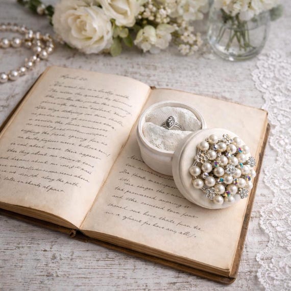 Proposal Ring Box - Vintage Style Engagement Ring Holder Pearl Sparkle