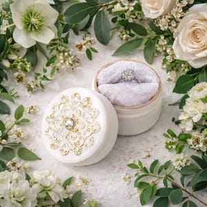 May include: A round white ring box with a gold filigree pattern and a central clear stone on the lid. The open box features a white fabric cushion holding a silver-toned ring with a round cluster of small clear stones set in the center.