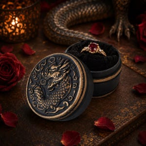 May include: A black and gold ring box with a dragon design, open to reveal a gold ring with a large red gemstone. The ring box is round and sits on a dark surface with scattered rose petals.