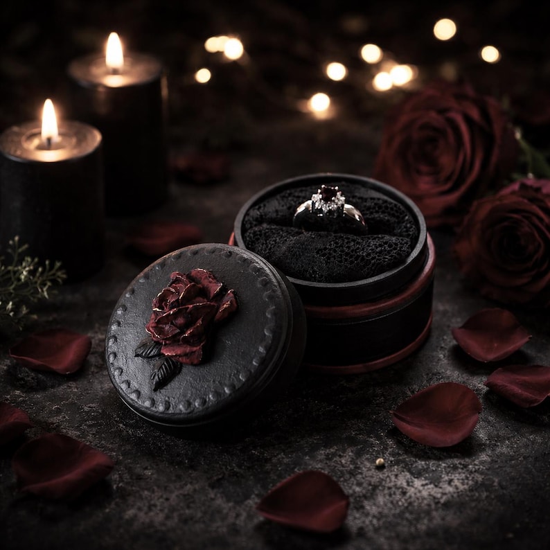 May include: A round black ring box with a dark red rose embellishment on the lid. The open box features a black textured interior holding a silver ring with a central dark red stone surrounded by small clear stones, set against a dark background.