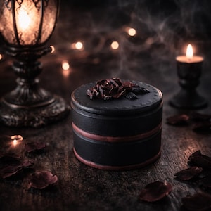 May include: A round black lidded box featuring a dark red rose sculpture on the top lid. The cylindrical container has two horizontal red bands encircling the body, with a matte finish and a textured surface throughout the exterior design.