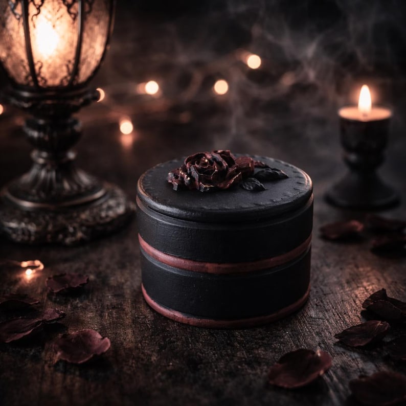 May include: A round black lidded box featuring a dark red rose sculpture on the top lid. The cylindrical container has two horizontal red bands encircling the body, with a matte finish and a textured surface throughout the exterior design.